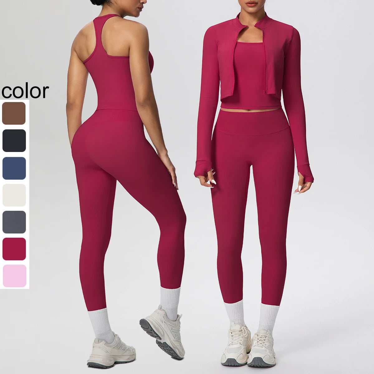 3-teiliges Yoga-Set für Damen (Beerenrot): kurze Jacke, Crop-Top, Leggings mit Akzenten