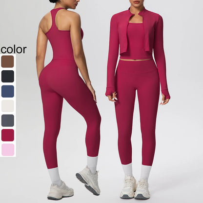 3-teiliges Yoga-Set für Damen (Beerenrot): kurze Jacke, Crop-Top, Leggings mit Akzenten