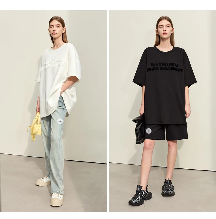 Damen T-Shirts mit Rundhalsausschnitt und losem, lässigem Schnitt mit Stickerei