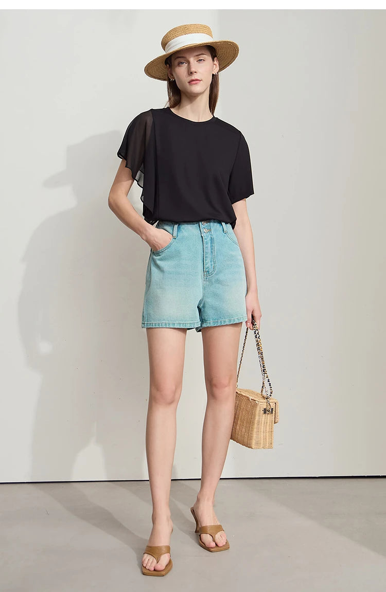 Damen Sommer-T-Shirt mit kurzen Schmetterlingsärmeln und Rundhalsausschnitt