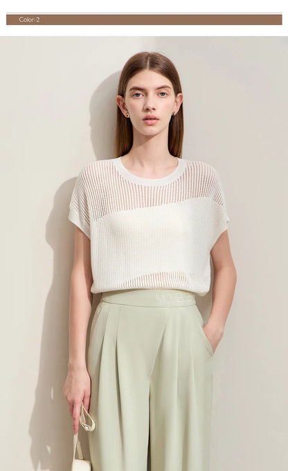 Damen-Wollstrickpullover creme, Rundhalsausschnitt, Kurzarm, lockerer Schnitt