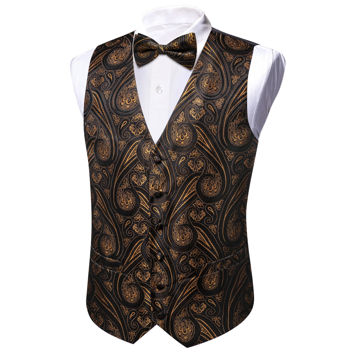 Herren-Anzugweste mit goldfarbenem Paisley-Muster und schwarzer Fliege am Hemdkragen