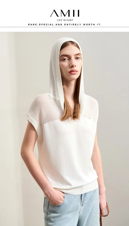 Damen-Kapuzenpullover Viskose Kurzarm locker Patchwork Sommer