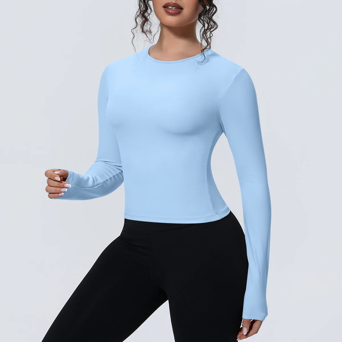 Hellblaues Langarm-Yoga-Shirt, Rundhalsausschnitt, figurbetont, glatte Oberfläche