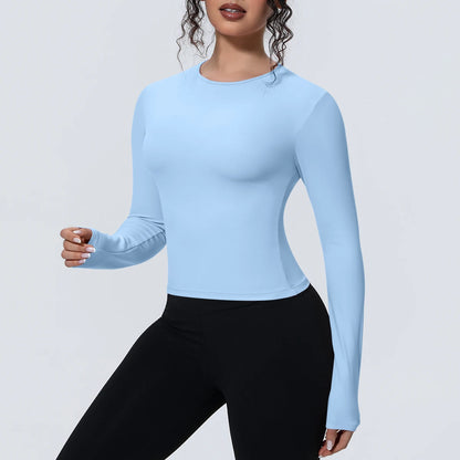 Hellblaues Langarm-Yoga-Shirt, Rundhalsausschnitt, figurbetont, glatte Oberfläche