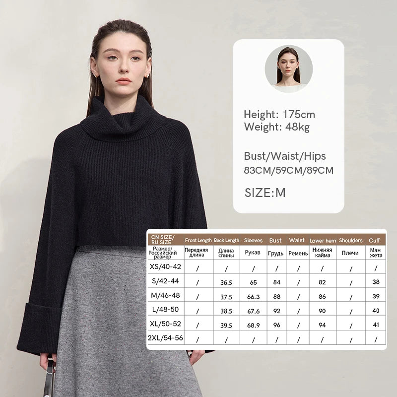 Damen-Rollkragenpullover kurz schwarz, lockere Passform, Raglanärmel, hoher Kragen