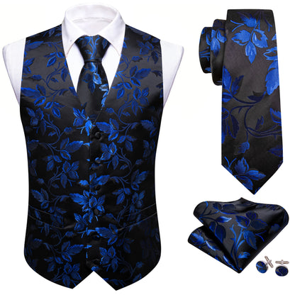 Seidenweste-Set für Herren: dunkelblaue Weste mit Blumenmuster, inkl. Krawatte & Einstecktuch.