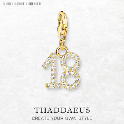 Vergoldeter Charm-Anhänger Nummer 18 aus 925 Sterlingsilber mit funkelnden Steinen
