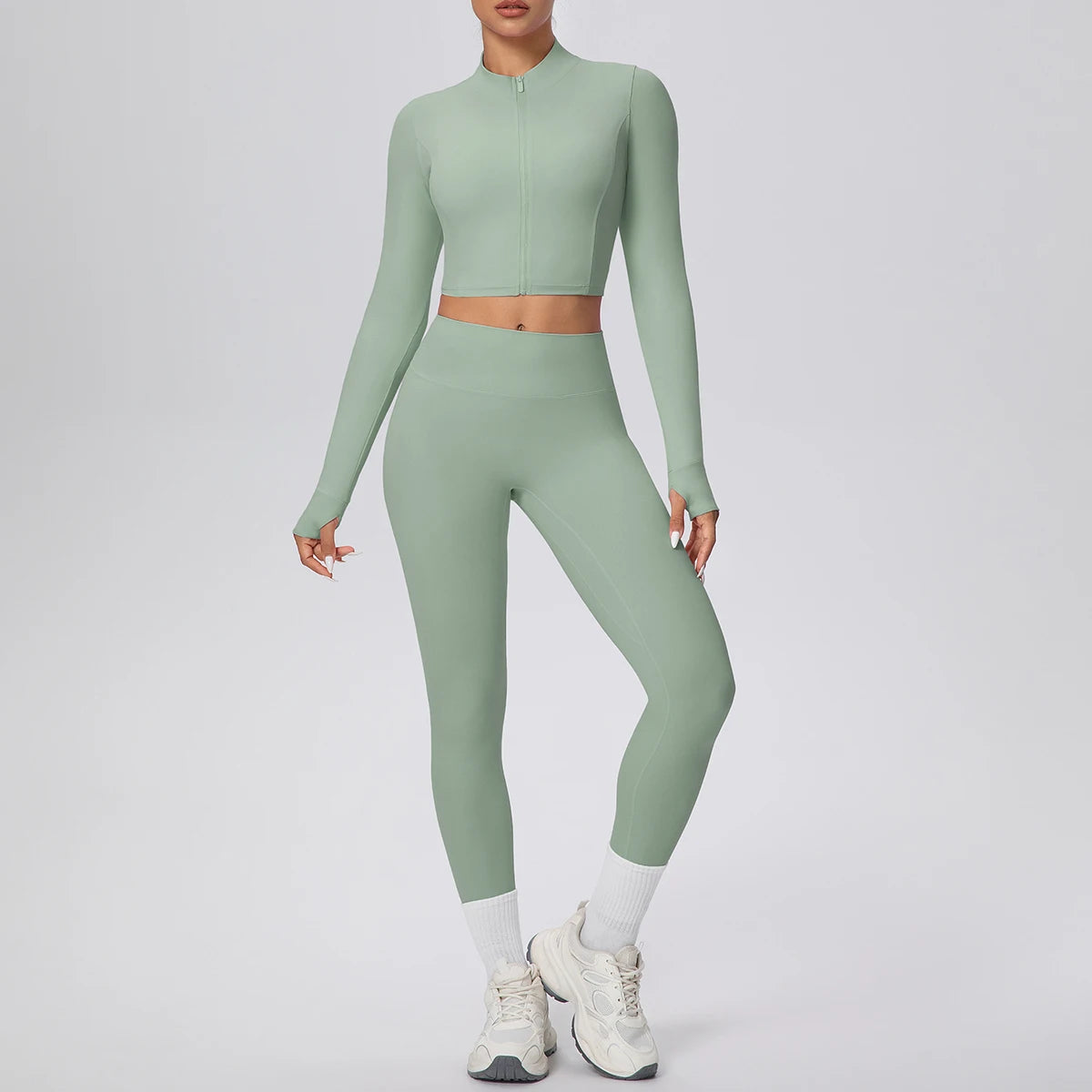 Damen-Yogaset mit Reißverschluss-Sportshirt und Leggings in Olivgrün