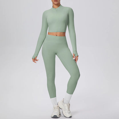 Damen-Yogaset mit Reißverschluss-Sportshirt und Leggings in Olivgrün