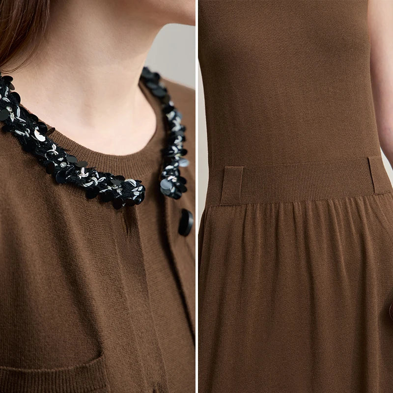 Damen-Strickjacke ärmellos lang Rundhals einfarbig elegant Herbst