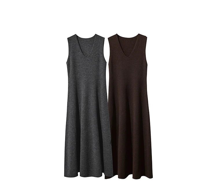 Damen V-Ausschnitt Strickkleid A-Linie ärmellos Herbst-Winter