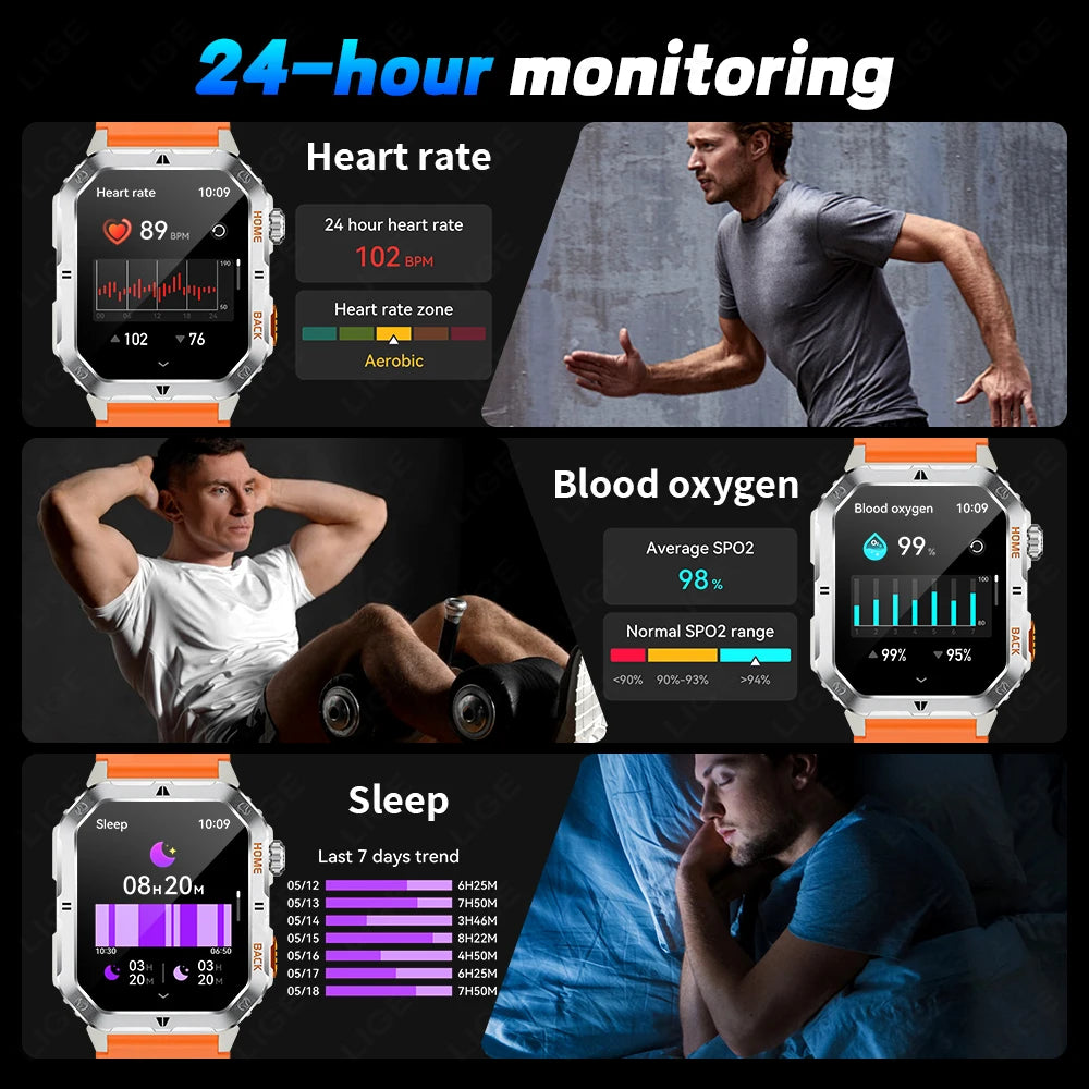 LIGE 2,01 "Ultra Smart Uhr Männer 1000 mAh Batterie Taschenlampe 100 + Sport Herzfrequenz Bluetooth Anruf Smartwatch Für IOS android Neue