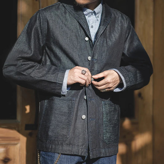 Herren Jeansjacke Vintage Einfarbiger Kragen Jagdstil Mit Taschen Mantel