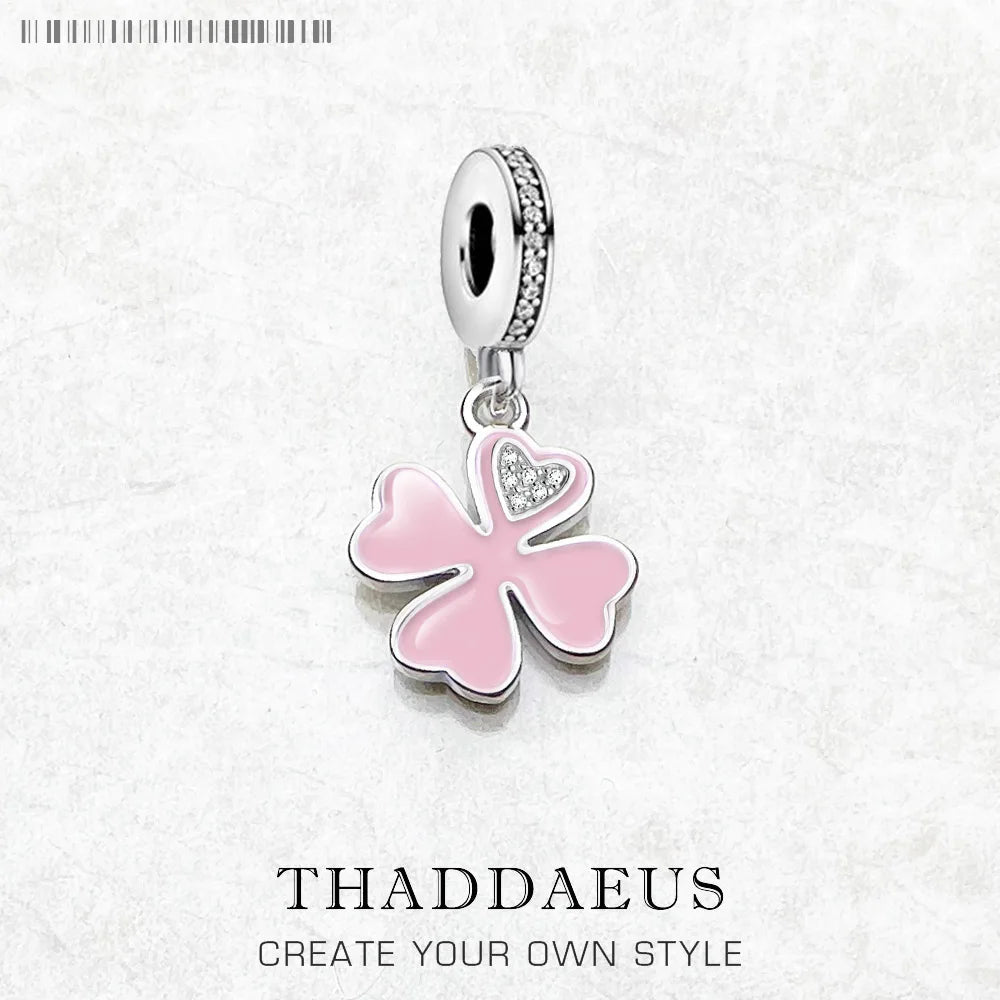 Damen-Charm-Anhänger rosa Kleeblatt weißer Stein Glück aus Sterlingsilber