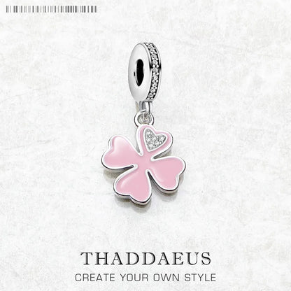 Damen-Charm-Anhänger rosa Kleeblatt weißer Stein Glück aus Sterlingsilber