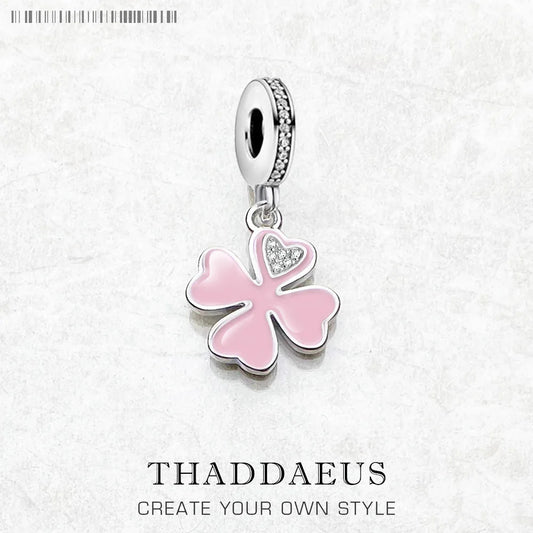 Damen-Charm-Anhänger rosa Kleeblatt weißer Stein Glück aus Sterlingsilber