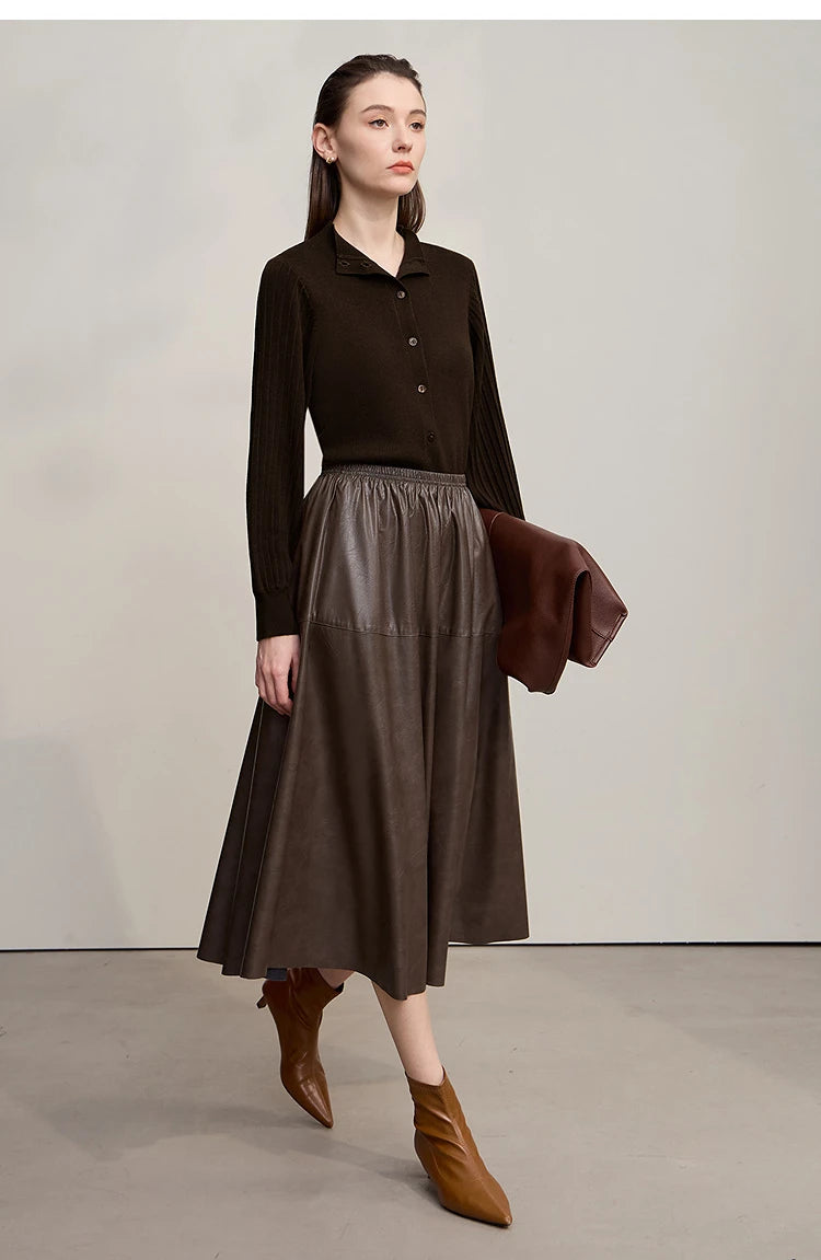 Damen-Strickjacke Slim halbhoher Kragen Laternenärmel Wolle-Mix Herbst