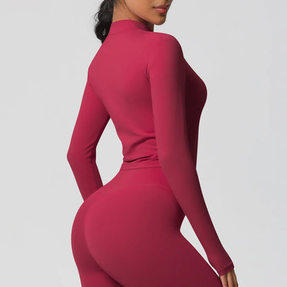 Langarm-Fitnessoberteil, Slim Fit, magenta, Rückenansicht, Stehkragen mit Reißverschluss