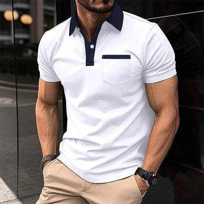 Herren-Casual-Poloshirt mit V-Ausschnitt und Knopfleiste – gestreiftes, vielseitiges Business-T-Shirt