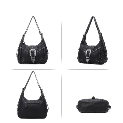 Damen-Schultertasche aus PU-Leder mit Top-Griff Reißverschluss Mehrfachfächer für Handy und Geldbörse