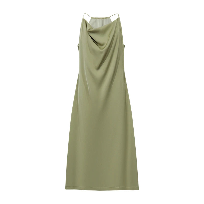 Olives Midikleid im Überblick, drapierter Wasserfallausschnitt, schmale Träger
