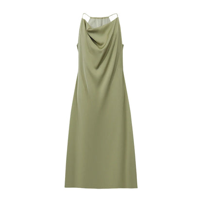 Olives Midikleid im Überblick, drapierter Wasserfallausschnitt, schmale Träger