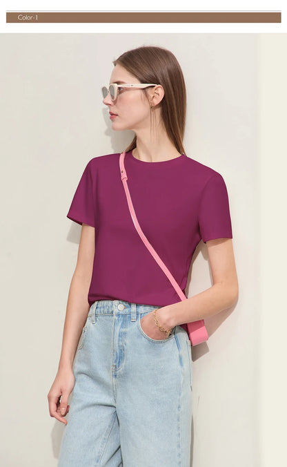 Damen T-Shirt im minimalistischen Stil mit lässigem O-Ausschnitt und kurzen Ärmeln