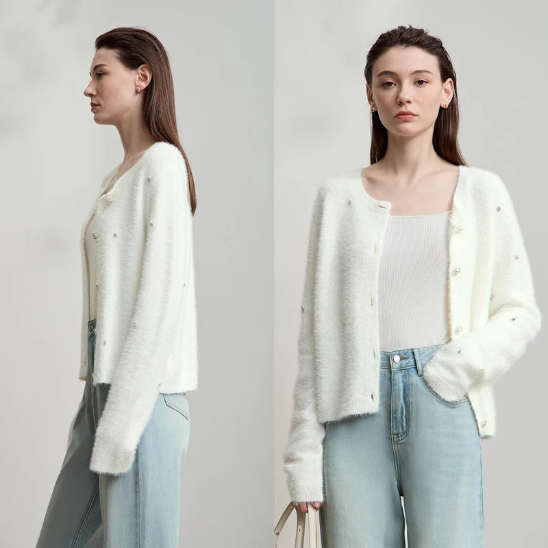 Damen-Rundhalspullover Strickjacke kurz elegant Herbst-Winter