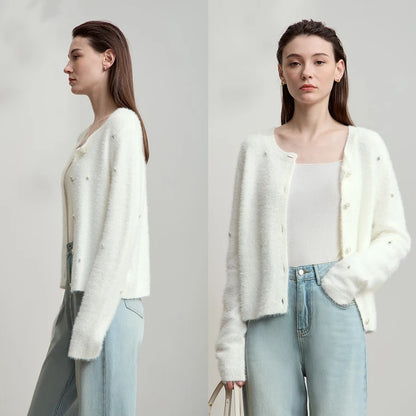 Damen-Rundhalspullover Strickjacke kurz elegant Herbst-Winter