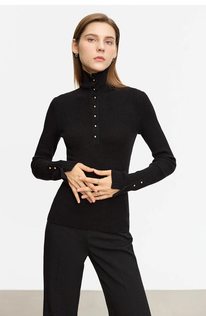 Damen-Strickjacke Rollkragen Knopfleiste Slim halboffene Front Herbst