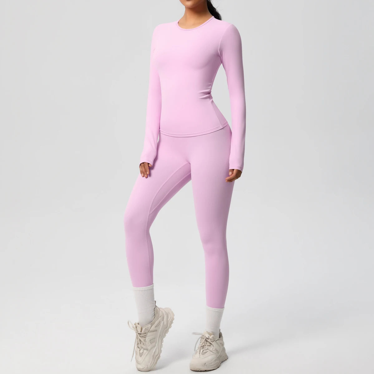 Gym-Leggings-Set, langarm, rosé, figurbetont mit kurzem Beinabschluss und Bündchen