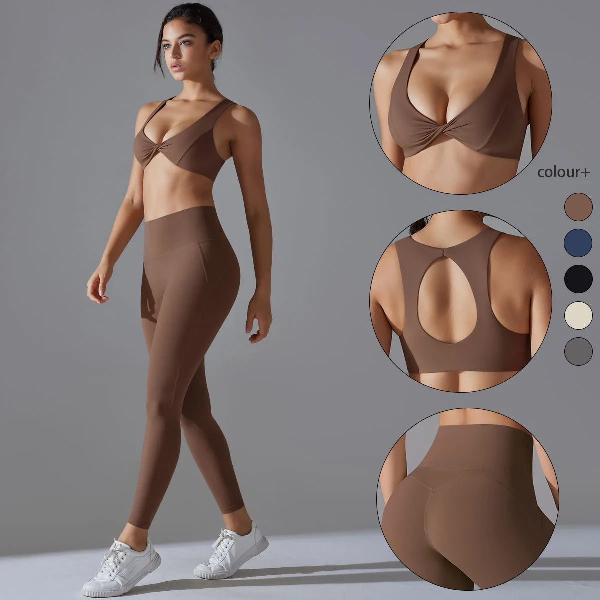 Damen-Yoga-Set in Braun mit Sport-BH und hochgeschnittener Leggings, Vorderansicht