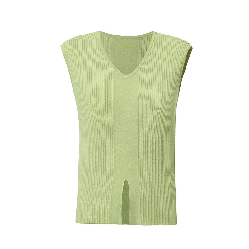 Hellgrüner ärmelloser Strickpullover mit V-Ausschnitt und mittlerem Saum-Schlitz