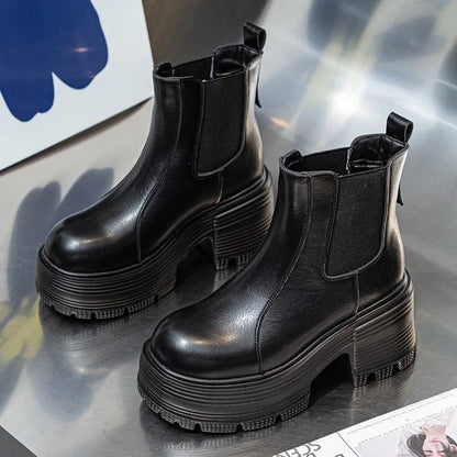 Schwarze Chelsea-Boots mit hohem Plateau-Blockabsatz und elastischen Einsätzen