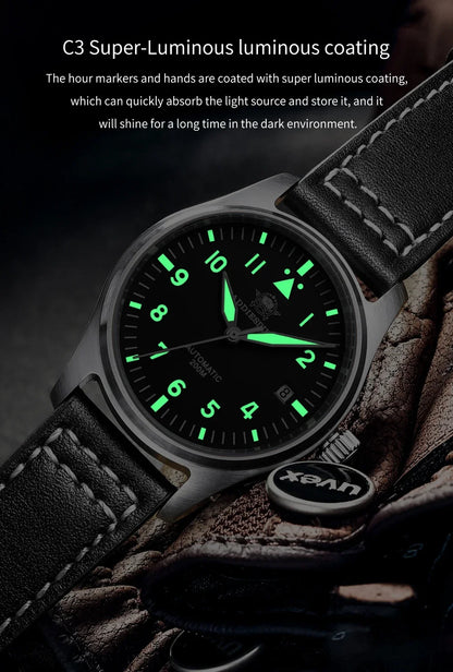 Herren-Vintage-Automatikuhr mit Lederarmband und C3-Leuchtmasse