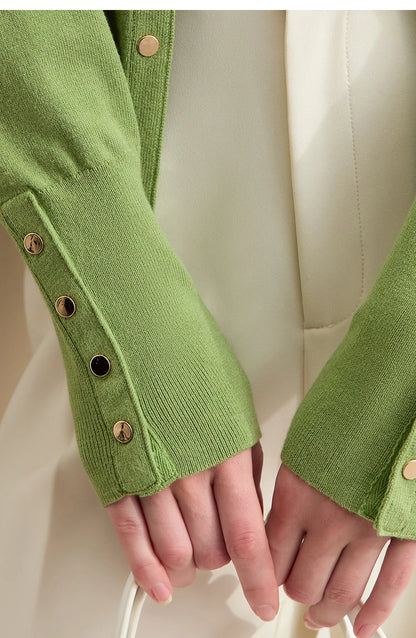 Damen-Strickjacke Rundhals Wolle Metallknopf französisch Büro Frühling