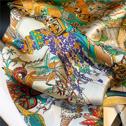 Damen Seidenschal 53cm quadratisch Pferdprint Luxus Halstuch Hijab Bandana B
