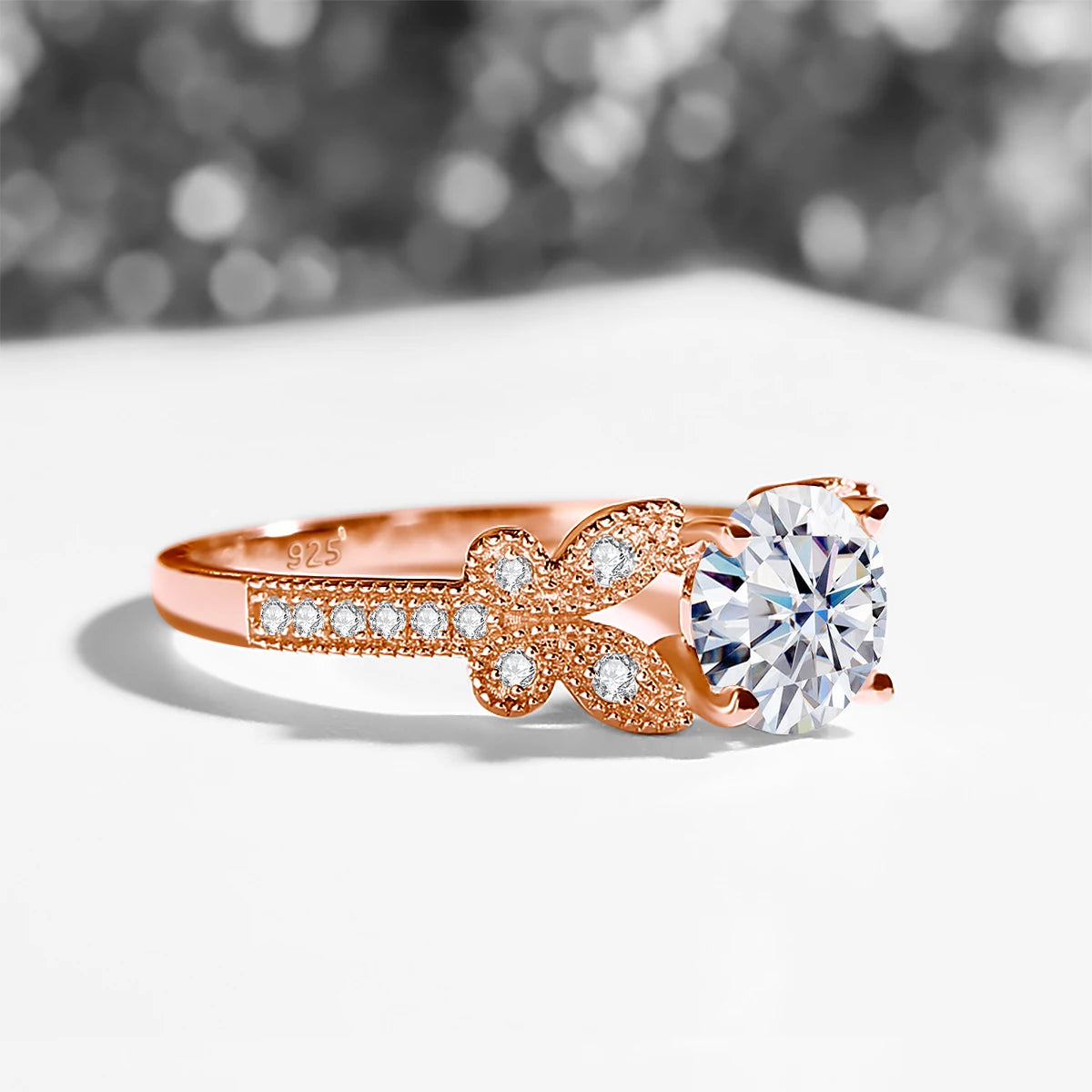 Damen-Ring Aus Roségold Mit Moissanit 1 Karat Schmetterlingsdesign Und Echtheitszertifikat
