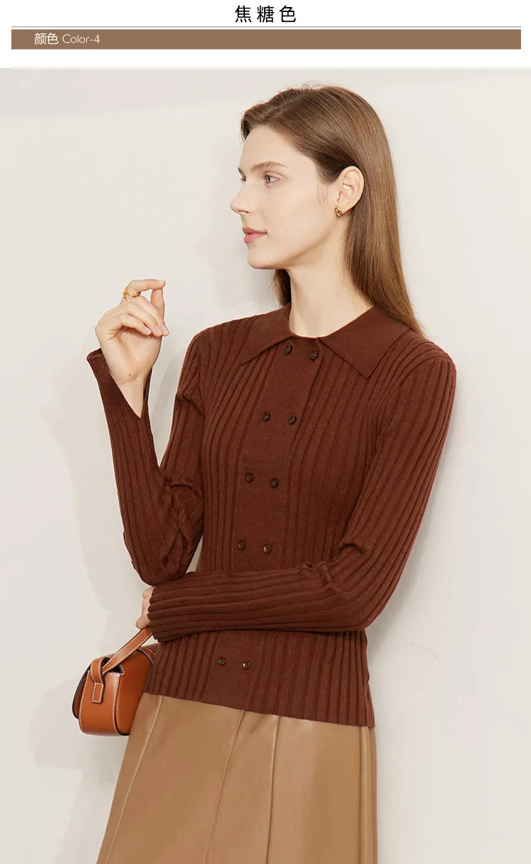 Damen-Strickjacke Polokragen Slim doppelreihig Wolle-Mix Frühling-Herbst