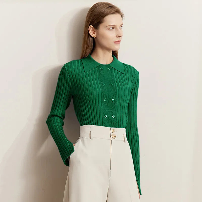 Damen-Strickjacke Polokragen Slim doppelreihig Wolle-Mix Frühling-Herbst