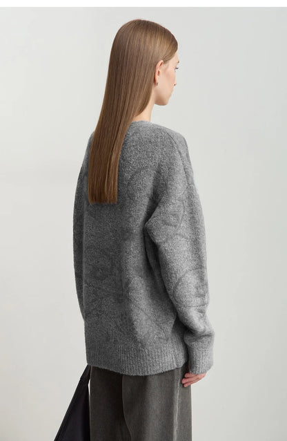 Grauer Pullover aus Jacquard-Strick mit O-Ausschnitt, Rückenansicht, lange Ärmel