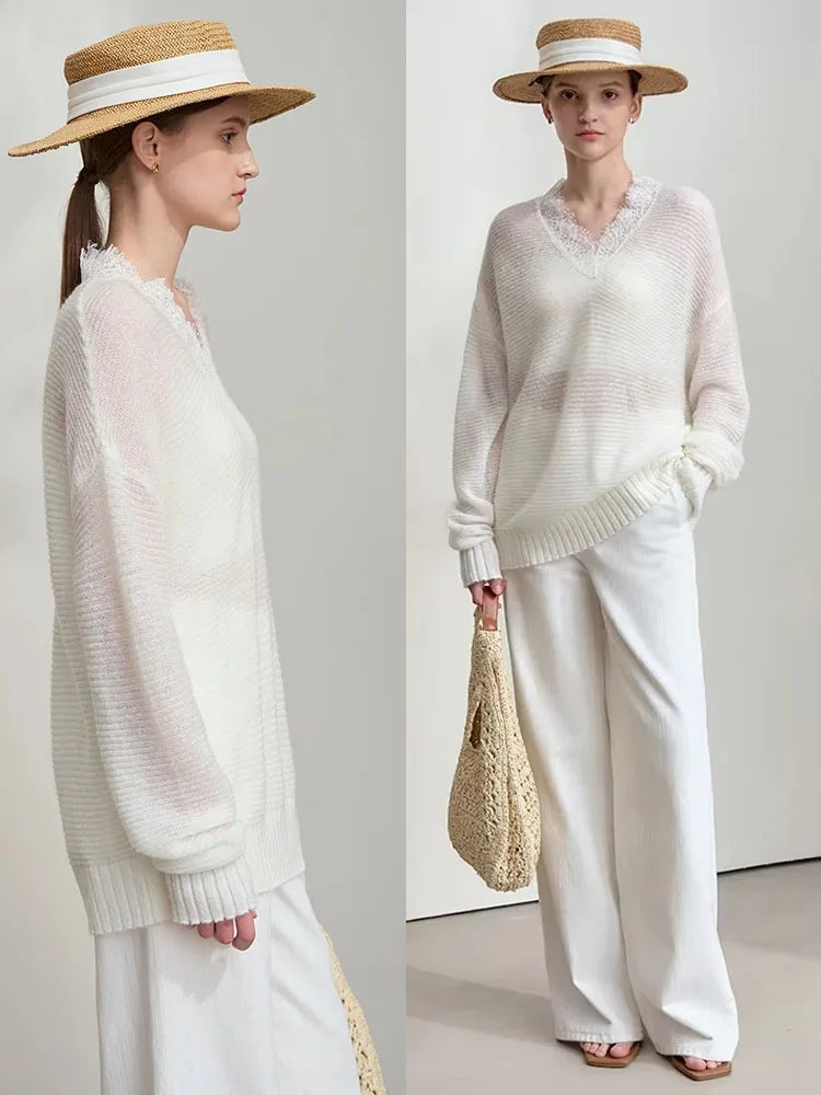 Damen V-Ausschnitt Pullover Mohair Spitze locker mittellang Frühling
