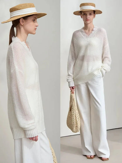 Damen V-Ausschnitt Pullover Mohair Spitze locker mittellang Frühling