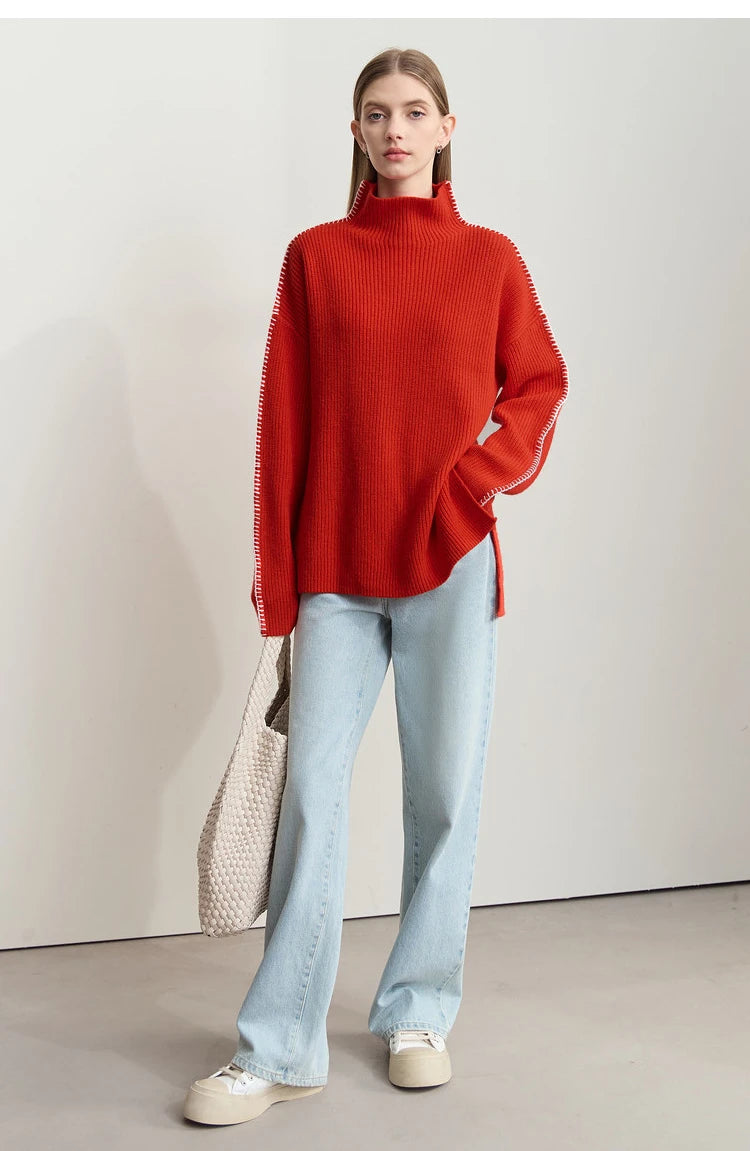 Damen-Rollkragenpullover Wolle Stickerei locker Weihnachten Winter