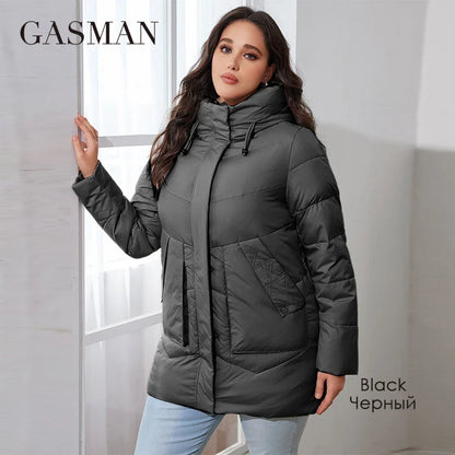 Kurze Damen-Daunenjacke mit Reißverschluss, Stehkragen und Kapuze – klassisches Design mit Taschen