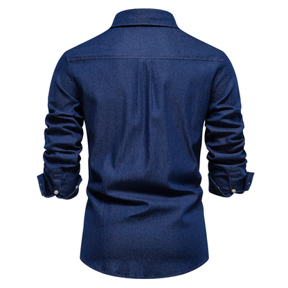 Herren Hemd aus Baumwolle im einfarbigen Denim-Look mit Tasche