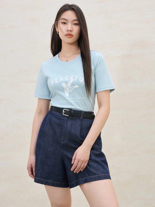 Damen-T-Shirt mit Fruchtprint und Kristalldesign aus atmungsaktivem Baumwollmix – ideal für lässigen Chic.