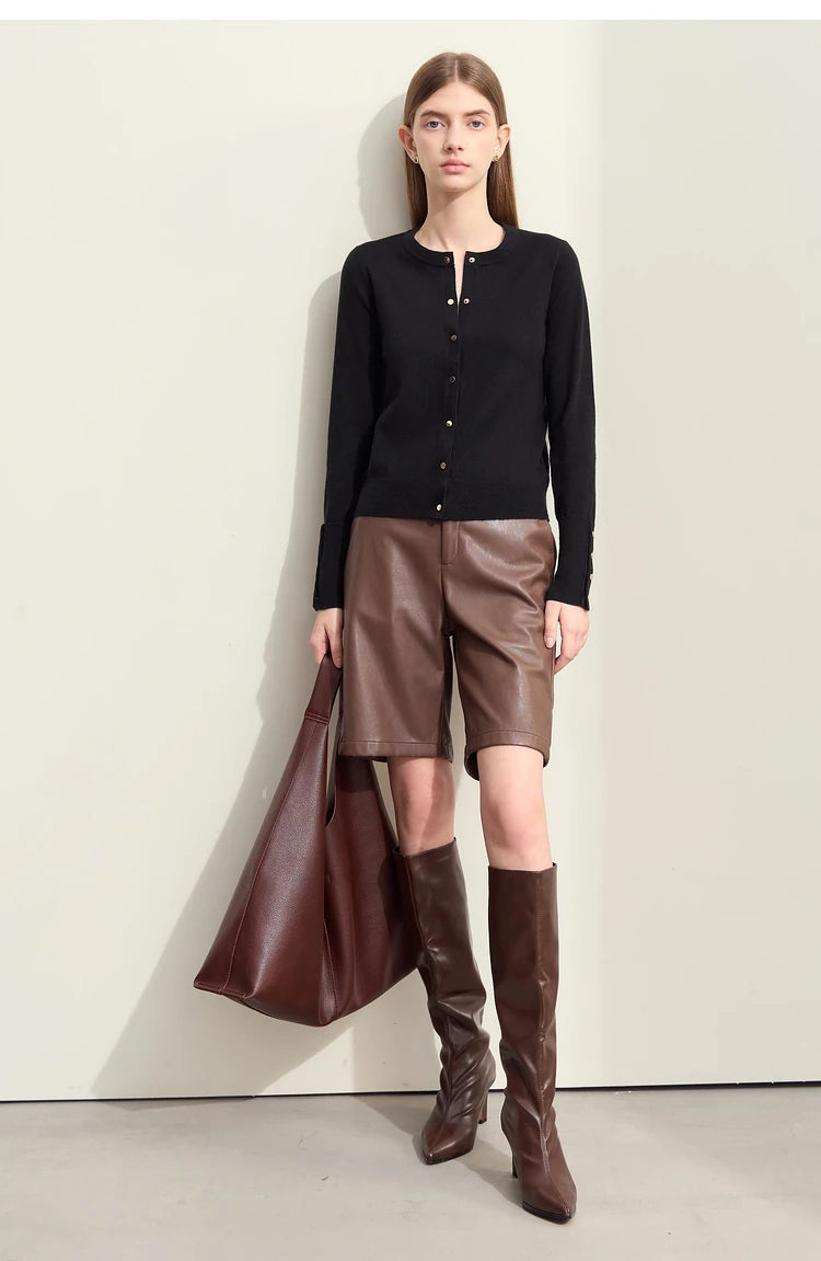Damen-Strickjacke Rundhals Wolle Metallknopf französisch Büro Frühling