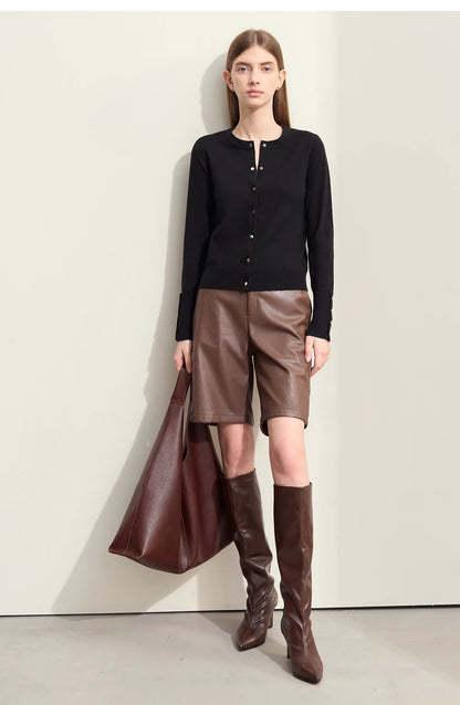 Damen-Strickjacke Rundhals Wolle Metallknopf französisch Büro Frühling